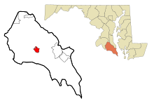 St. Mary's County Maryland Incorporated and Unincorporated areas Leonardtown Highlighted.svg