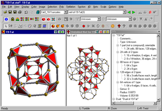 Screenshot from Stella4D, looking at the truncated tesseract in perspective and its net, truncated cube cells hidden. Stella4D screenshot truncated tesseract.png