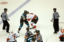 Bernier fighting Calgary Flames defenceman Brad Ference as a member of the Sharks Steve Bernier vs Brad Ference.jpg
