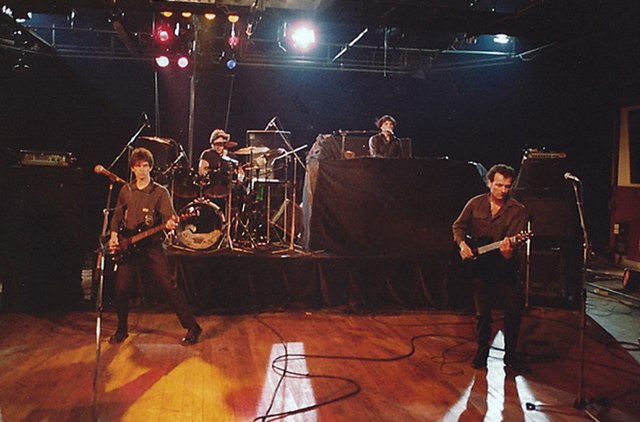 The Stranglers during the recording of French TV show "L'Echo des Bananes" in september 1983
