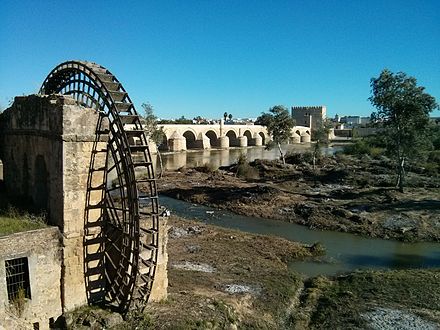 Roman and Islamic  systems: the Albolafia irrigation water wheel in front of the Roman bridge at Córdoba, Spain.[39][f][40]