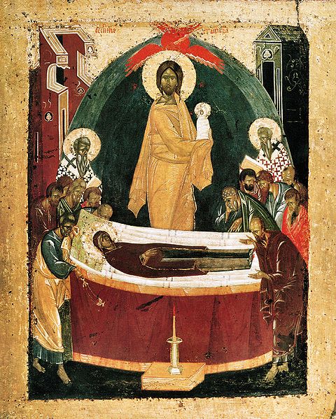 Icon of the Dormition by Theophan the Greek, 1392. The Theotokos is depicted lying on a bier, surrounded by the Twelve Apostles. At center, Jesus Chri