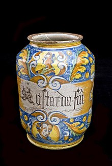 Sicilian albarello jar used for mustard Tin glazed earthenware drug jar used for mustard, Sicilian Wellcome L0057152.jpg