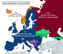 Trade organizations in Europe by GDP. The GUAM FTA has not been ratified and has not entered into force, but Ukraine and Moldova are members of the multilateral CIS FTA. The UK is not a member of the EU. Trade organizations in Europe by GDP.png