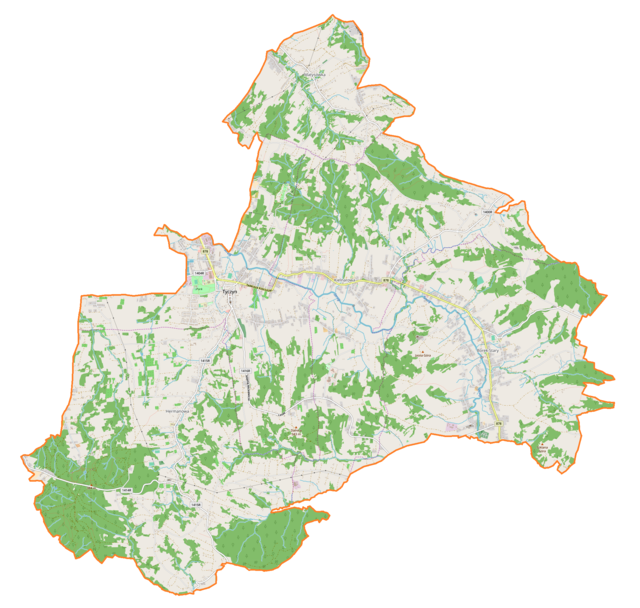 Mapa konturowa gminy Tyczyn, na dole po prawej znajduje się punkt z opisem „źródło”, natomiast blisko górnej krawiędzi po lewej znajduje się punkt z opisem „ujście”