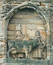 Legend of the founding of Durham Cathedral is that monks carrying the body of Saint Cuthbert were led to the location by a milk maid who had lost her dun cow, which was found resting on the spot. UK Durham Dun-Cow.jpg