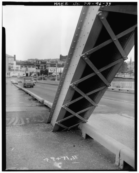 File:VIEW OF NORTHWEST CORNER OF SPAN 8, SHOWING NORTHWEST ENDPOST WHERE IT MEETS THE SIDEWALK, LOOKING NORTH NORTHEAST - West End-North Side Bridge, Spanning Ohio River, HAER PA,2-PITBU.V,3-33.tif