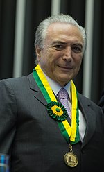 Michel Temer being awarded the legislative merit medal,November 2015 Vice-presidente Michel Temer com Medalha Merito Legislativo 07.jpg