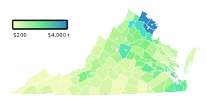 A map of Virginia colored green to blue based on how much property tax was paid, from $200 to $4,000+.