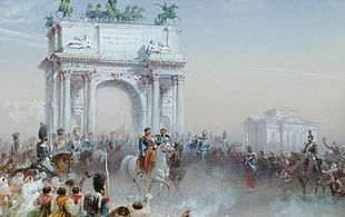 Opera di autore ignoto raffigurante il trionfale ingresso a Milano di Vittorio Emanuele II e Napoleone III dall'arco del Sempione l'8 giugno 1859