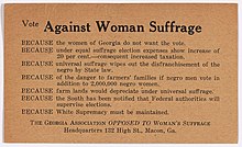 Vote Against Woman Suffrage - Georgia Association Opposed to Woman Suffrage, c. 1915 Vote Against Woman Suffrage - Georgia Association Opposed to Woman Suffrage, c. 1915.jpg