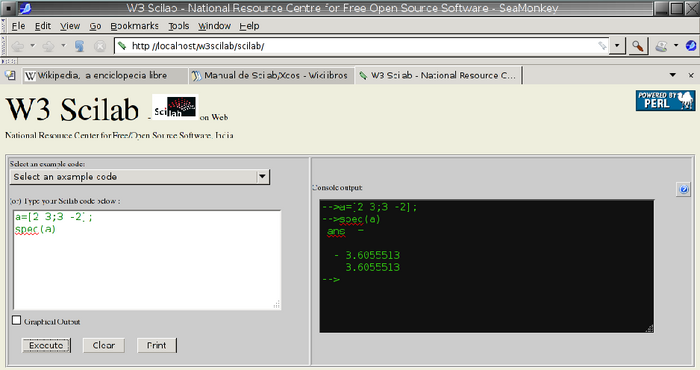 Captura de pantalla de la interfaz W3Scilab