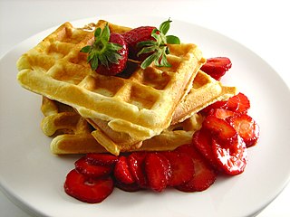 A waffle is a dish made from leavened batter or dough that is cooked between two plates that are patterned to give a characteristic size, shape, and surface impression. There are many variations based on the type of waffle iron and recipe used. Waffles are eaten throughout the world, particularly in Belgium, which has over a dozen regional varieties. Waffles may be made fresh or simply heated after having been commercially cooked and frozen.