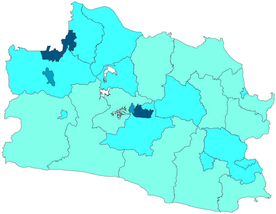 Cities and regencies of West Java by Human Development Index in 2020 .mw-parser-output .div-col{margin-top:0.3em;column-width:30em}.mw-parser-output .div-col-small{font-size:90%}.mw-parser-output .div-col-rules{column-rule:1px solid #aaa}.mw-parser-output .div-col dl,.mw-parser-output .div-col ol,.mw-parser-output .div-col ul{margin-top:0}.mw-parser-output .div-col li,.mw-parser-output .div-col dd{page-break-inside:avoid;break-inside:avoid-column}  0.801 above  0.751 to 0.800  0.701 to 0.750  0.651 to 0.700