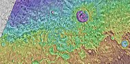 MOLA map showing Semeykin Crater and other nearby craters. Colors indicate elevations.