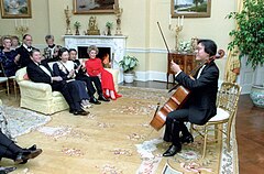 Ma performs at the White House for American president Ronald Reagan, Crown Princess Michiko and Crown Prince Akihito of Japan, and Nancy Reagan, October 1987 Yo-Yo Ma performs for President Ronald Reagan.jpg