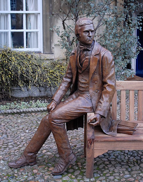 Bicentennial portrait by Anthony Smith of Darwin as a student, in the courtyard at Christ's College, Cambridge, where he had rooms