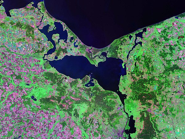 Landsat satellite photo of Oder Lagoon - Wolin is the eastern of the two large islands separating the waters of the Lagoon from the Baltic Sea, the we