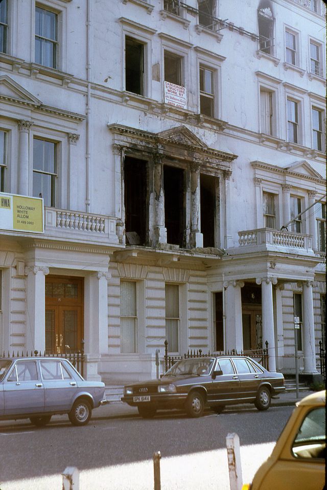 The Iranian Embassy, severely damaged by fire following the end of the siege