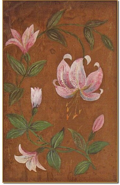 File:'Lilies', oil on coconut husk painting by Princess Kaiulani, 1890.jpg