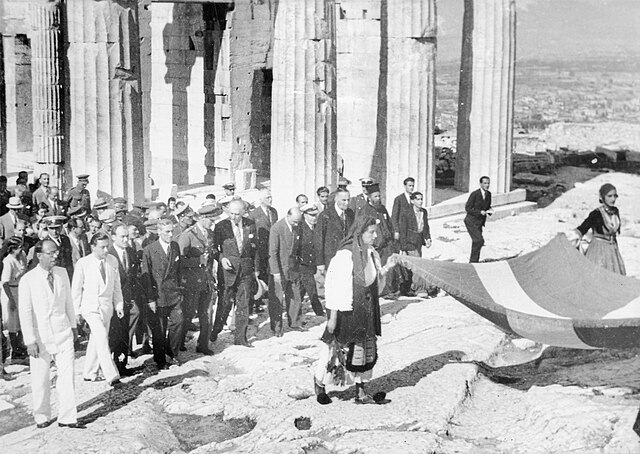 1944. Prime Minister Georgios Papandreou and others on the Acropolis after the liberation from the Nazis