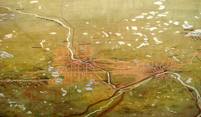 TCRT commissioned water-color painting of the streetcar system in the Twin Cities, originally completed in 1904; updated 1916.