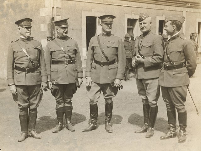 From left to right: Major General Francis J. Kernan, Major General James W. McAndrew, General John J. Pershing, Major General James Harbord and Brigad