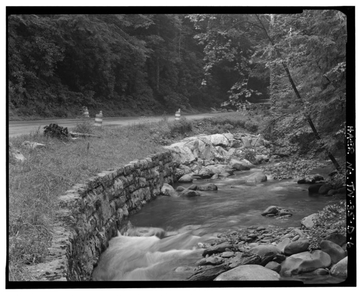 File:1930's revetment wall next to 1886 constructed revetment wall on Laurel Creek Road looking SSW. - Great Smoky Mountains National Park Roads and Bridges, Cades Cove Road and HAER TENN,78-GAT.V,6D-6.tif