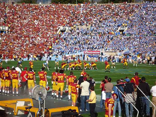 UCLA–USC rivalry football game at the Rose Bowl; the 2008 edition marked a return to the tradition of both teams wearing color jerseys.