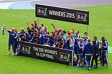 Chelsea players celebrating winning the 2014-15 FA Women's Cup. 2015 FA Womens Cup Winners.jpg
