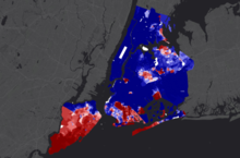 In the image above, the 2020 presidential results are displayed in New York City for each electoral precinct. The blue represents precincts won by Democrat Joe Biden, while precincts won by Republican Donald Trump are colored in red. 2020 Presidential Election Results in New York City.png