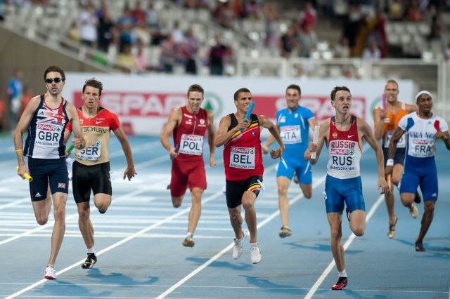 4 × 400 m men relay at the European Championships in Barcelona 2010 (Martyn Rooney (GBR), Thomas Schneider (GER), Kacper Kozłowski (POL), Jonathan Bor