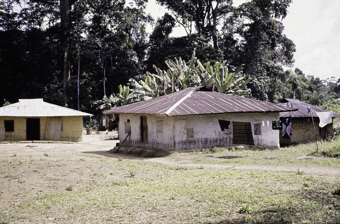 File:ASC Leiden - F. van der Kraaij Collection - 15 - 09 - Three traditional low square houses with mud walls and roofs of corrugated iron - Near Pleebo, Maryland County, Liberia - 1979.tif