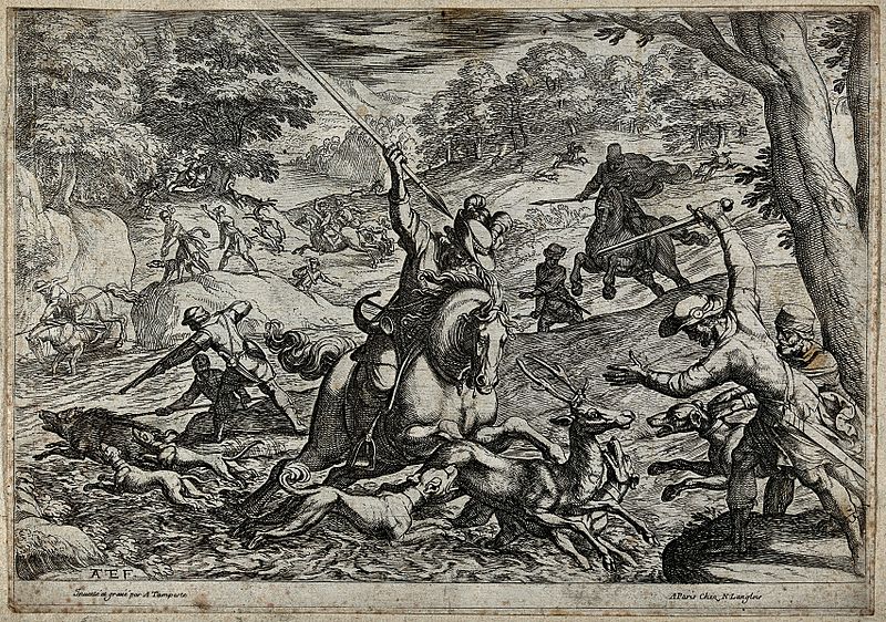 File:A tumultous hunting scene in which a stag is hunted into the Wellcome V0021916.jpg