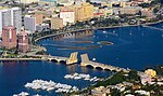 Thumbnail for File:Aerial view of Royal Park Bridge in West Palm Beach FL opened for a boat (2014) by Don Ramey Logan.jpg