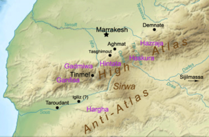 Mappa li tagħti l-post approssimattiv tas-sitt tribujiet prinċipali Masmuda Berberi li aderixxu mal-moviment Almohad fil-bidu tas-Seklu 12 (Ħargħa, Ganfisa, Gadmiwa, Hintata, Ħaskura, Hażraġa).