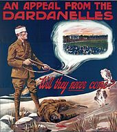 Australia's first recruitment poster, published in 1915, questions the public's commitment to Australian football rather than the war. An appeal from the Dardanelles.jpg