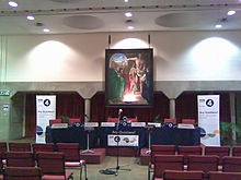 Tables set up for a recording at Oxford University's Catholic chaplaincy BBC Radio 4 Any Questions Oxford University Catholic Chaplaincy.jpg