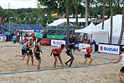 Deutsch: Beachhandball Europameisterschaften 2019 (Beach handball Euro); Tag 2: 3. Juli 2019 – Männer, Vorrunde Gruppe A, Türkei-Spanien 0:2 (16:23, 20:29) English: Beach handball Euro; Day 2: 3 July 2019 – Men Preliminary Round Group A – Turkey-Spain 0:2 (16:23, 20:29)