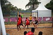 Deutsch: Beachhandball bei den Olympischen Jugendspielen 2018; Tag 6, 11. Oktober 2018; Jungen, Platzierungssspiel Ränge 11-12 – Paraguay-Mauritius 2:0 English: Beach handball at the 2018 Summer Youth Olympics at 11 October 2018 – Boys Placement Match 11-12 – Paraguay-Mauritius 2:0