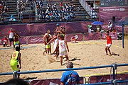 Deutsch: Beachhandball bei den Olympischen Jugendspielen 2018; Tag 4, 10. Oktober 2018; Jungs, Vorrunde, Gruppe A - Spanien-Venezuela 2:0 English: Beach handball at the 2018 Summer Youth Olympics at 10 October 2018 – Boys Preliminary Round Group A – Spain-Venezuela 2:0