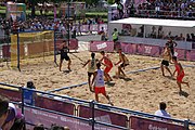 Deutsch: Beachhandball bei den Olympischen Jugendspielen 2018; Tag 4, 10. Oktober 2018; Jungs, Vorrunde, Gruppe B - Italien-Argentinien 1:2 English: Beach handball at the 2018 Summer Youth Olympics at 10 October 2018 – Boys Preliminary Round Group B‎ – Italy-Argentina 1:2