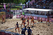 Deutsch: Beachhandball bei den Olympischen Jugendspielen 2018; Tag 3, 10. Oktober 2018; Mädchen, Vorrunde, Gruppe B - Niederlande-Argentinien 2:0 English: Beach handball at the 2018 Summer Youth Olympics at 10 October 2018 – Girls Preliminary Round Group B‎ – Netherlands-Argentina 2:0