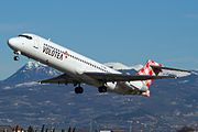 Volotea taking off with Alps behind