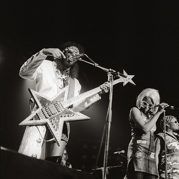 Bootsy Collins performing in 1996 with a star-shaped bass