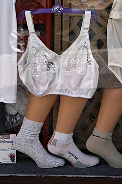 Underwear offering in shop windowin Cheb, Czech Republic