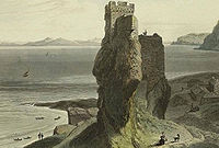 Castle Broichin on the Isle of Raasay, an 1819 aquatint by William Daniell depicting Brochel Castle