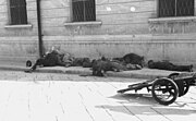 Bodies of uniformed men on a sidewalk