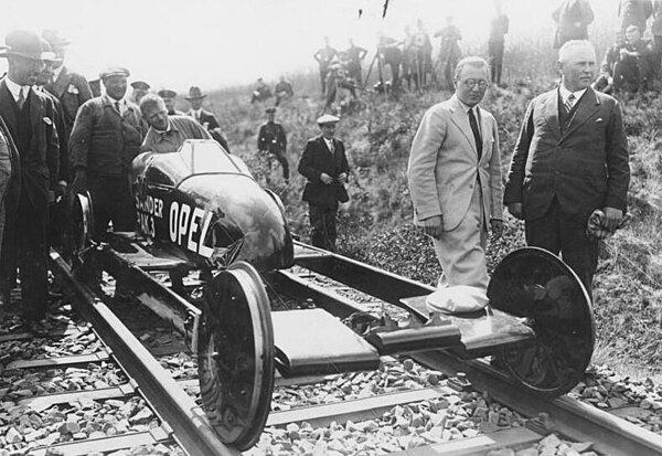 Rocket rail vehicle Opel RAK.3 in June 1928 world speed record event near Burgwedel in Northern Germany