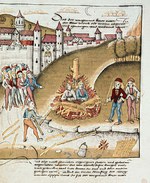 Bruligado de la kavaliro de Hohenberg kaj de lia servanto, kondamnita je la mortpuno en la ŝtiparo pro sodomio, antaŭ la urbomurego de Zuriko, 1482.